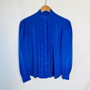 Vintage 80s JH Collectibles Bright Blue Hidden Button Pleated Secretary Blouse